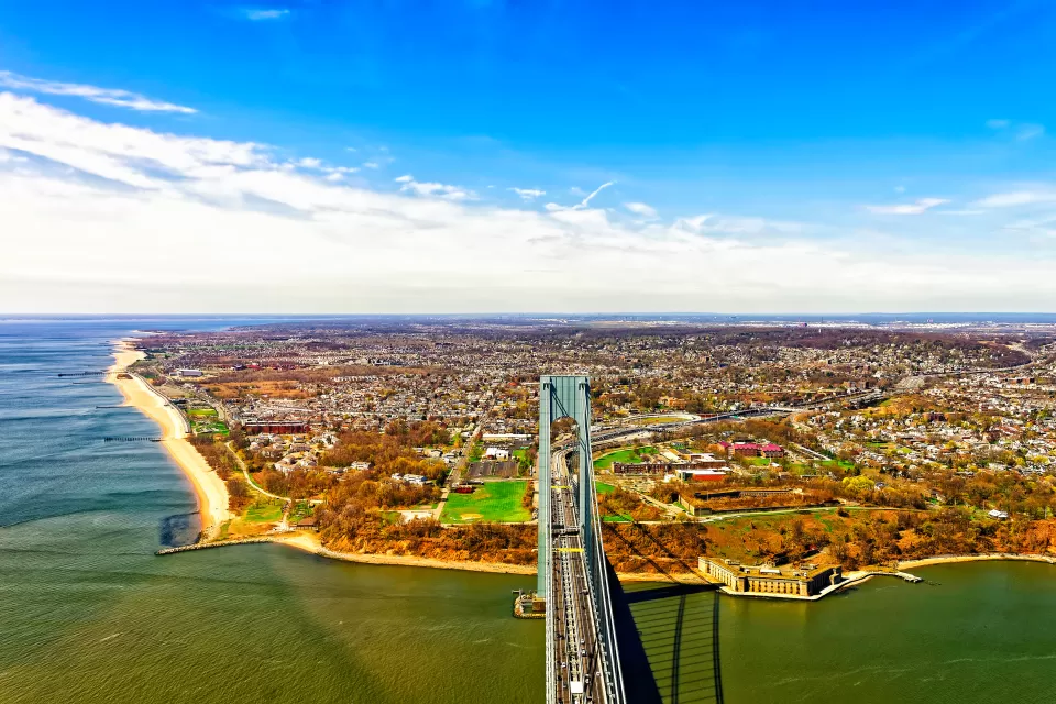 Aerial view of Verrazano-Narrows Bridge to Staten Island